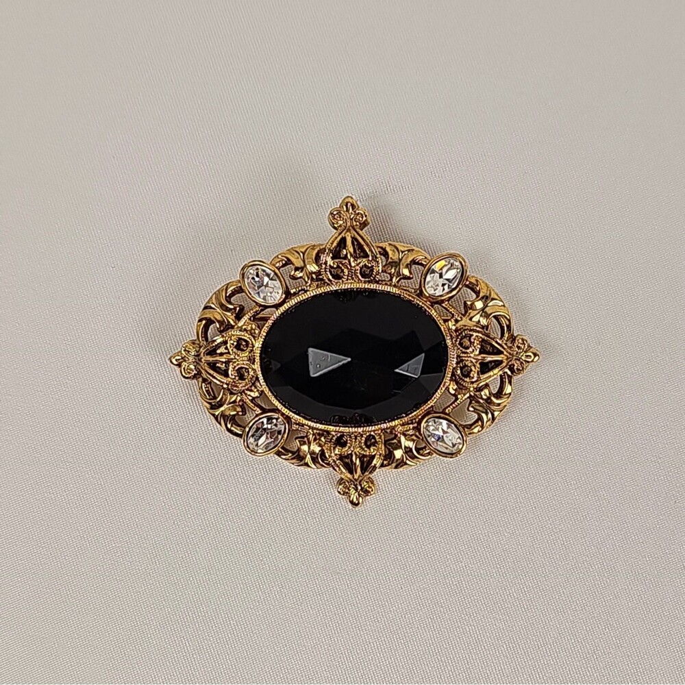 Vintage Art Deco Revival Black Oval Rhinestone Brooch Gold Tone Filigree